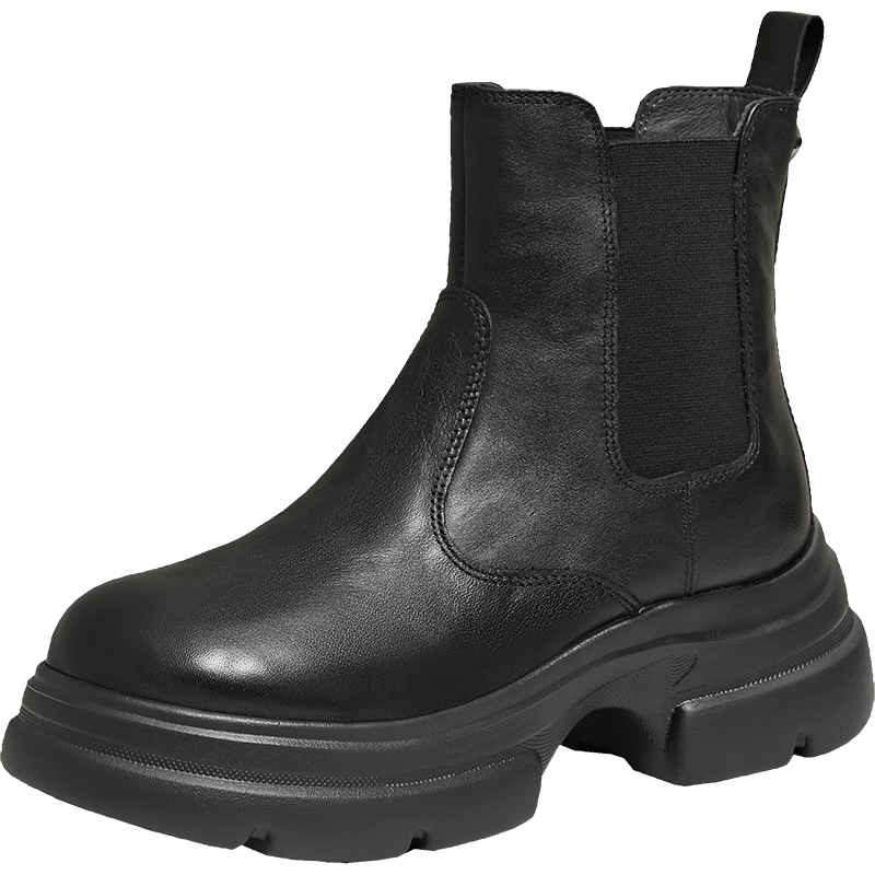 TATA Celebrity Style Leather Shaft Boots Fleece-Lined Thick Sole Chelsea Boots Black (Fleece Lining) Size 40