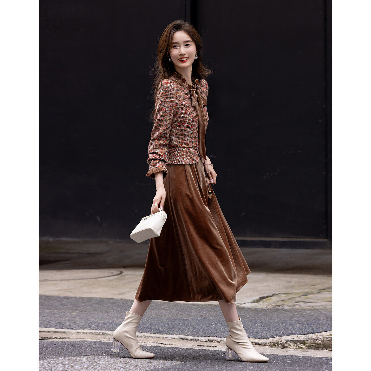 Dme Winter Elegant Chanel-Style Dress with Wool Faux Two-Piece Design, Ribbon Collar And Ruffle Trim, Brown Red, Size M