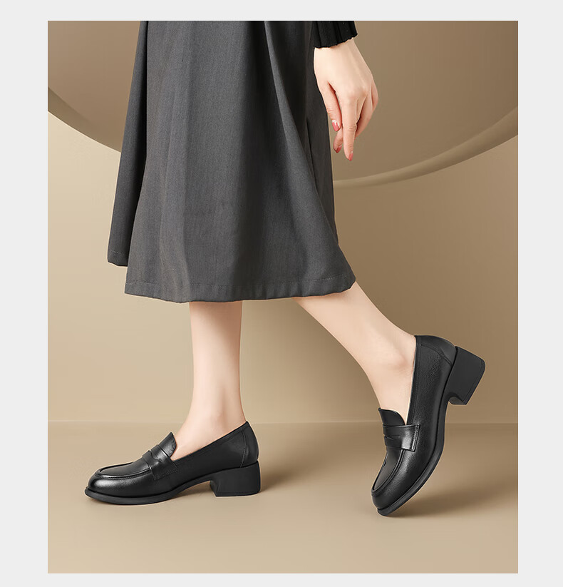 ZHR Top-Grain Leather Loafers for Women, Chunky Heel Commuter Leather Shoes, Slip-On Soft-Soled Flats for Women KM03 Black Size 40 5