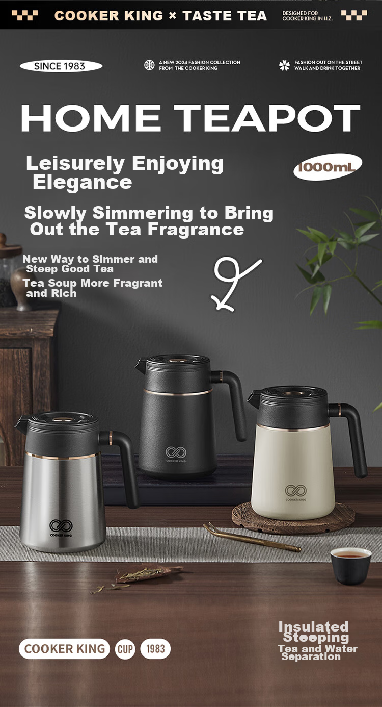 COOKER KING Ceramic Lock-In Large Capacity Tea Infuser Pot with Separate Compartments for Brewing And Insulating Tea, Black 1L 2