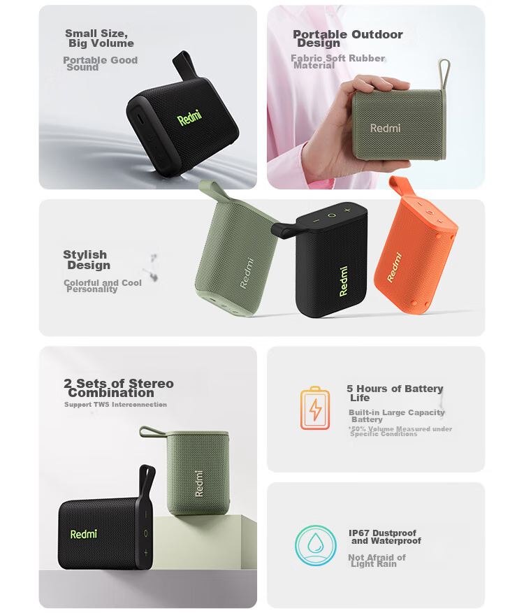 MI Redmi Bluetooth Speaker, Black, MI Speaker Audio System, Long Battery Life, IP67 Dust And Water Resistant, Portable Outdoor Speaker with Subwoofer, High-Fidelity, Gift, Home Use 3
