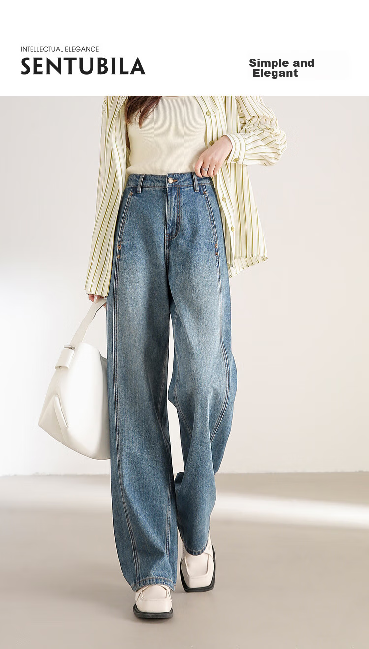 Sentubila Pure Cotton Straight-Leg Jeans for Women, Spring And Autumn Long Pants, Loose-Fitting Slimming Vintage Versatile Women's Trousers, Denim Blue S 1