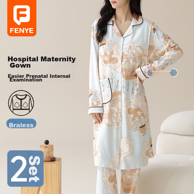 FENYE Maternity Nursing Nightgown with Chest Pads, Hospital Maternity Dress, Spring And Autumn Postpartum Breastfeeding Loungewear Set XL