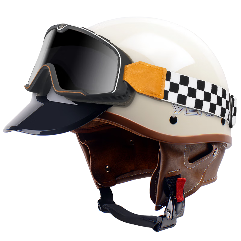 YEMA Helmet, 3C Certified, New National Standard Class A, Retro Stylish Half Helmet, All-Season, Suitable for Men And Women, Motorcycle Helmet, Electric Motorcycle Safety Helmet, Khaki White + Black Tea Wind Glasses, One Size Fits All