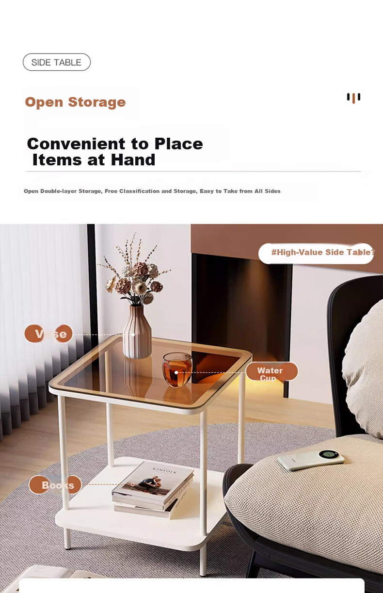 FENJIEXIAN Side Table, Coffee Table, Living Room Luxury Small Tea Table, Tempered Glass Tea Stand, Bedside Table, Double-Layer Storage Tea And Water Table 7