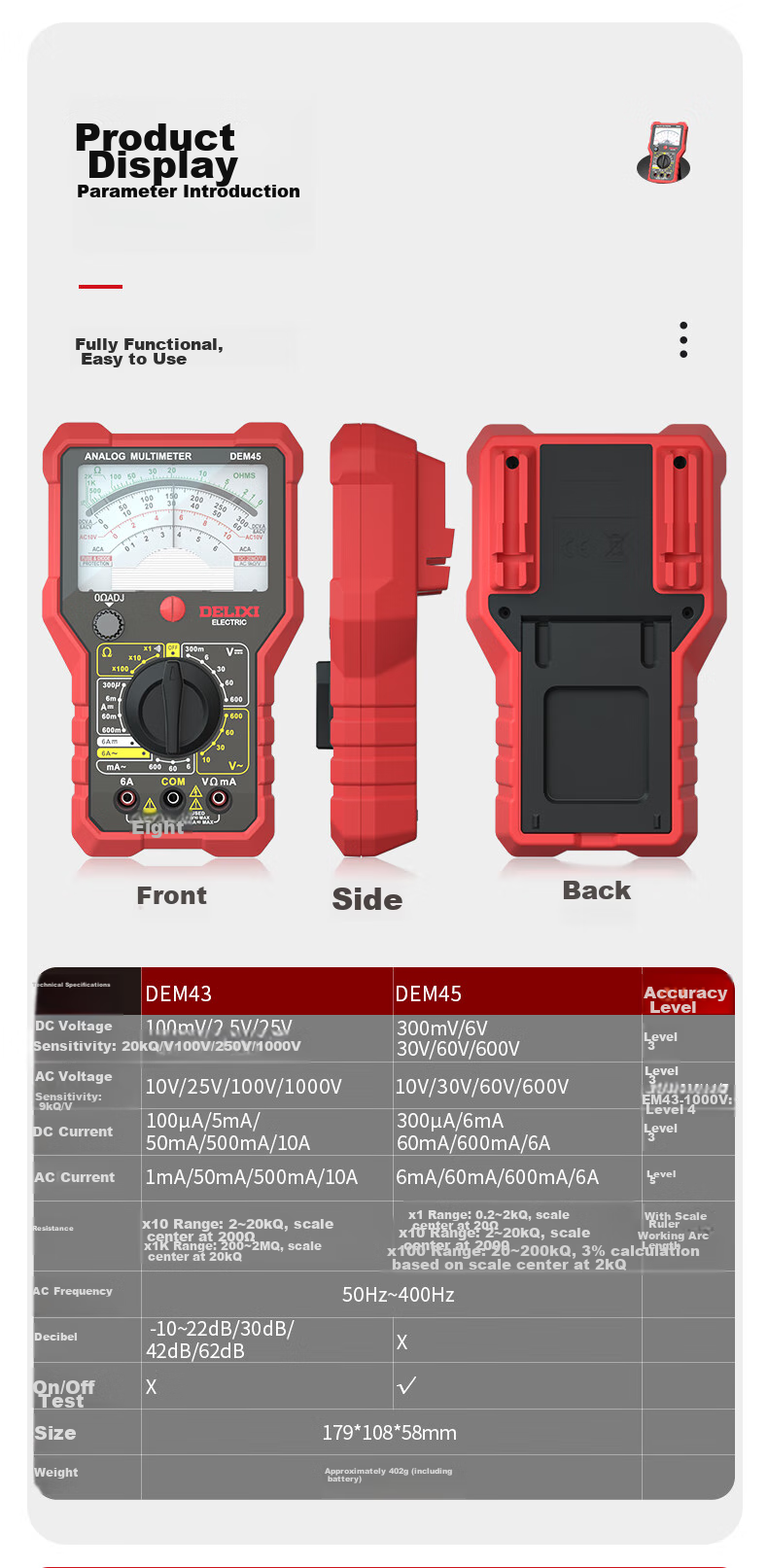DELIXI ELECTRIC Analog Multimeter, High-Precision, Intelligent Burn Protection, for Home And Electrical Use, Continuity Test, DEM45 5