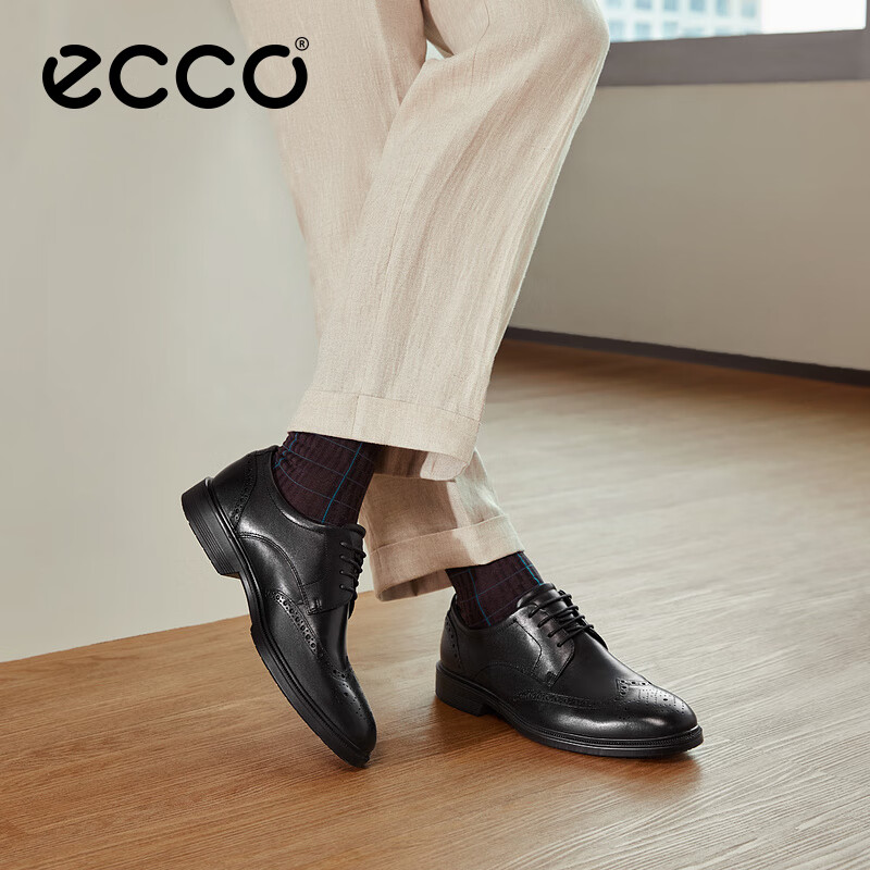 ECCO Formal Leather Shoes for Men, Height-Increasing Brogue Carved Cowhide Derby Shoes, Lisi 622164, Black, Size 39