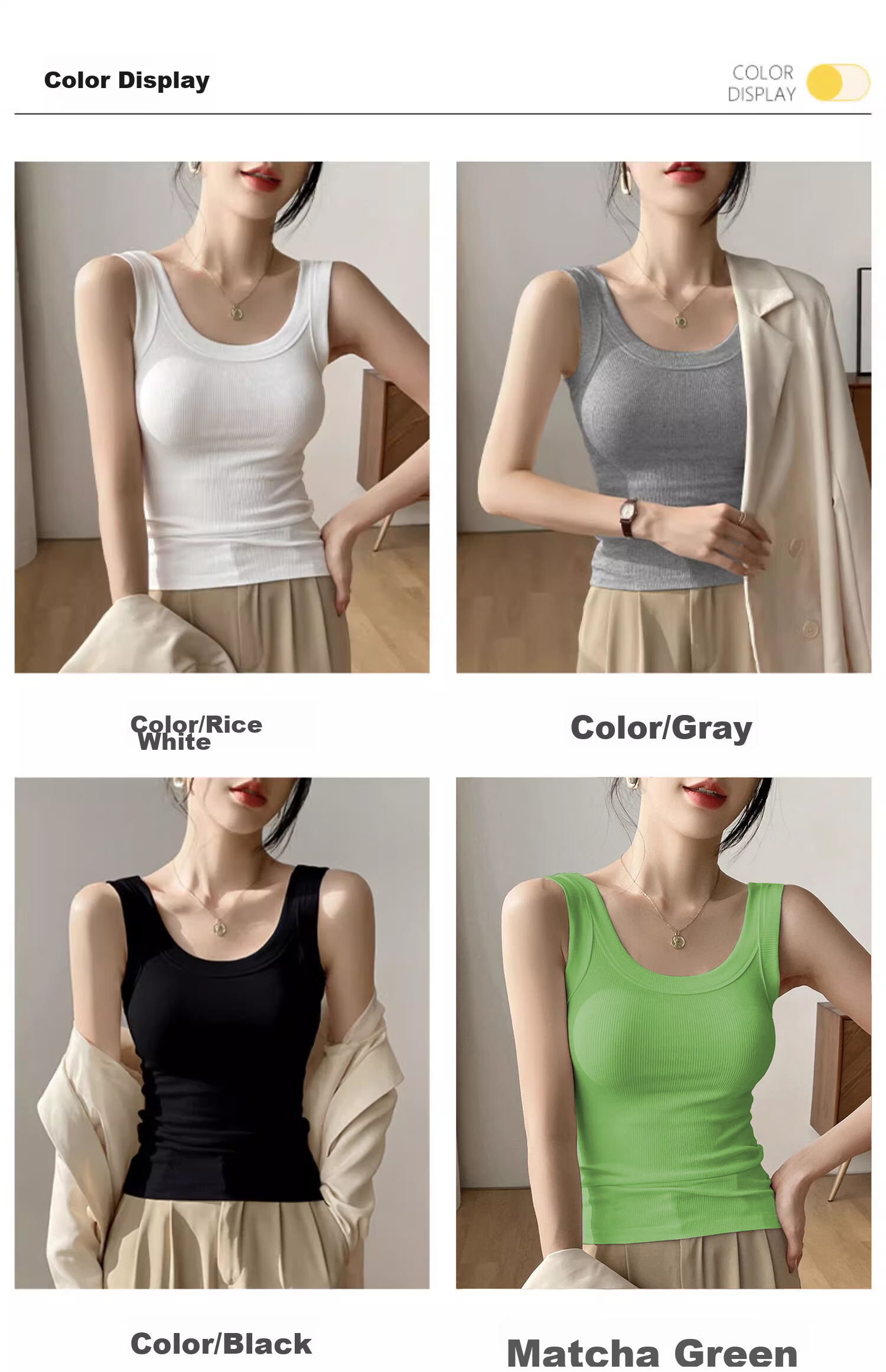 NOME Women's Camisole Tank Top, Spring And Summer Inner Or Outer Wear, Ribbed Elastic Sleeveless Vest, White [Round Neck], L 13