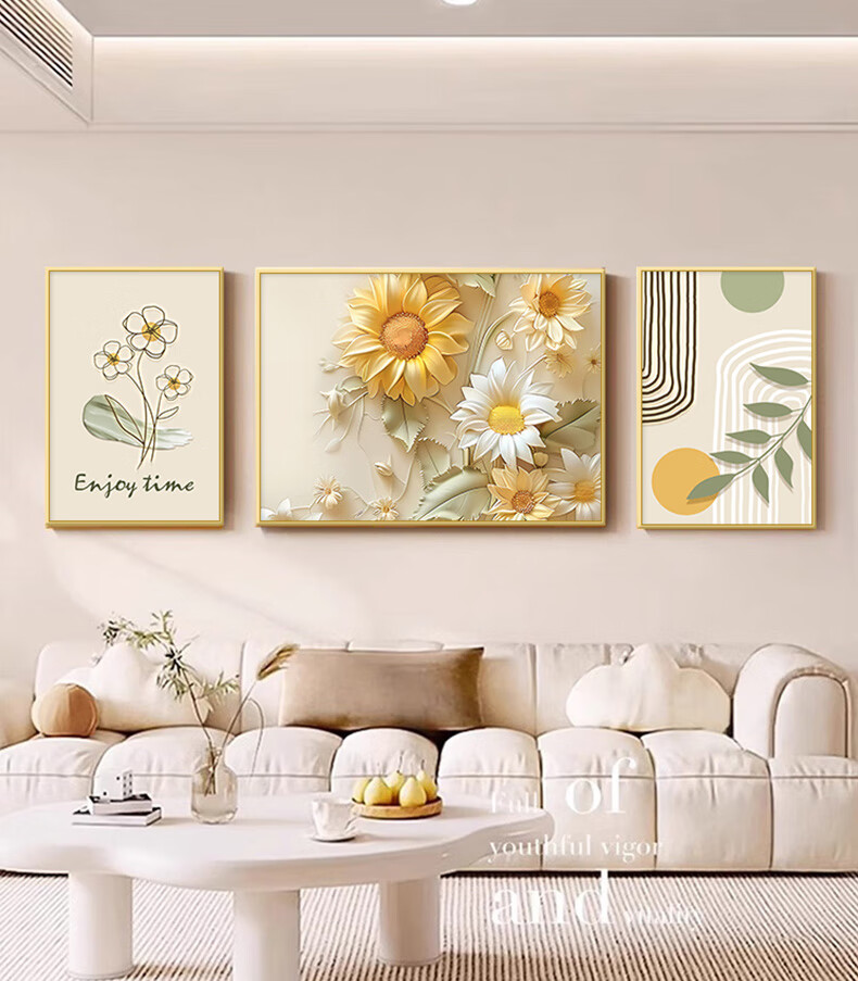 Mao Jiu Jiang Cream Style Living Room Decorative Painting Luxury Sofa Background Wall Floral Bedroom Headboard Triptych Wall Art 3