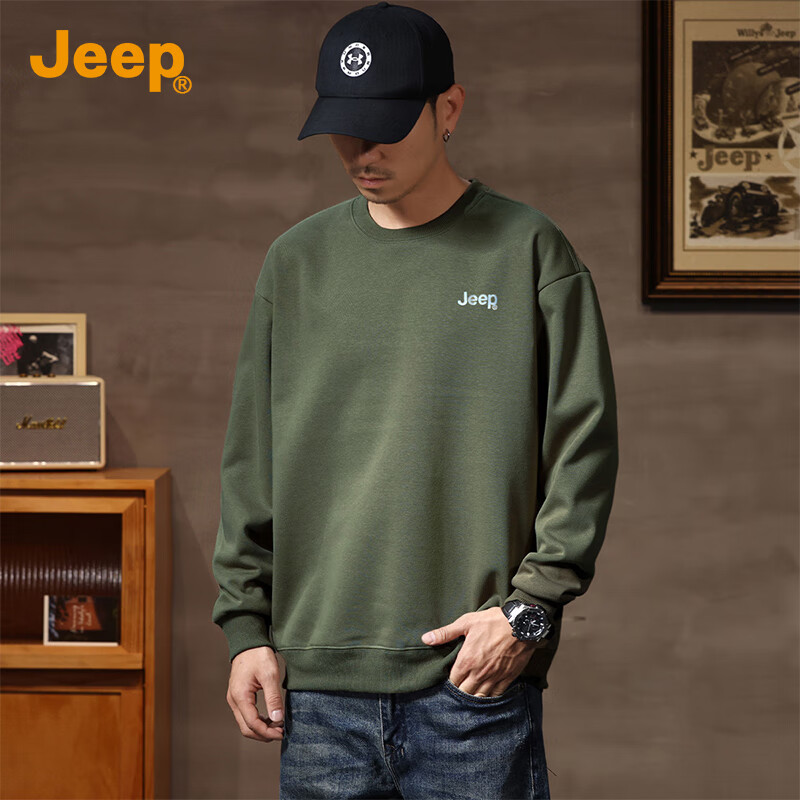 JEEP Men's Sweatshirt, New Spring And Autumn 2026 Style, Trendy Round Neck, Loose Long-Sleeve Casual Sportswear Top for Men, Fashionable