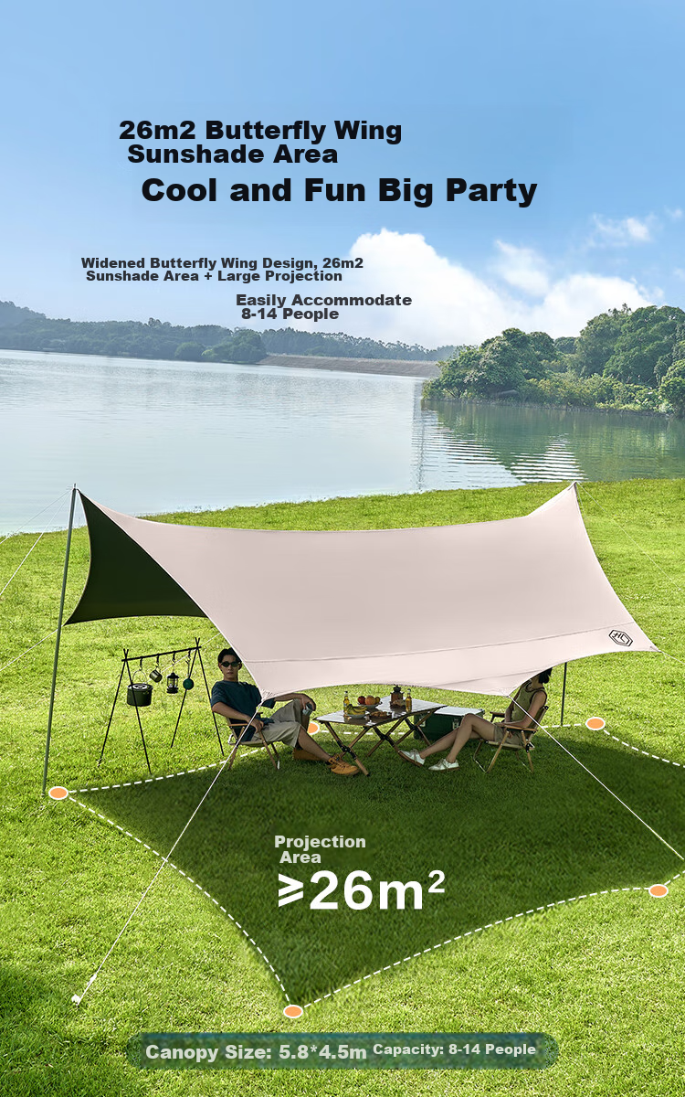 JD Original [6-Layer Black Gel True Sun Protection] Butterfly-Shaped Canopy, 15 Square Meters Outdoor Camping Equipment, Sunshade And Rain Protection Awning for 4-6 People 11