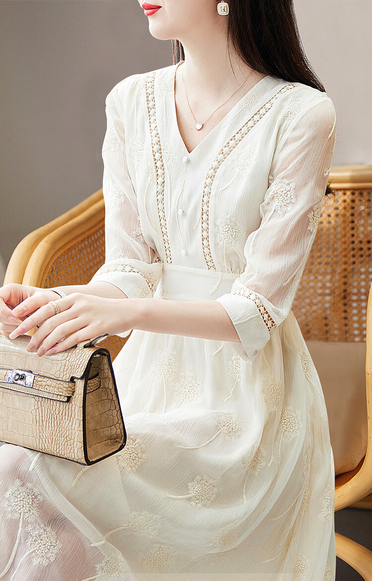 Dme [Xian Gan Embroidered Dress] Spring And Autumn V-Neck Hollow-Out Woven Strap Three-Quarter Sleeve Midi Dress for Women, Off-White, M 10