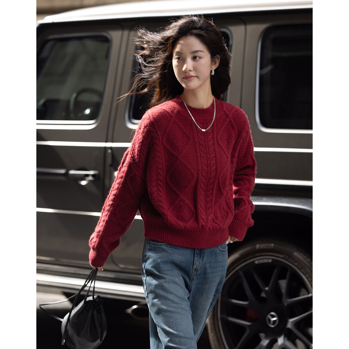 Dme [Romantic Red Knit Sweater], Spring And Autumn Round Neck Pullover Cable Knit Long-Sleeve Warm Sweater for Wome