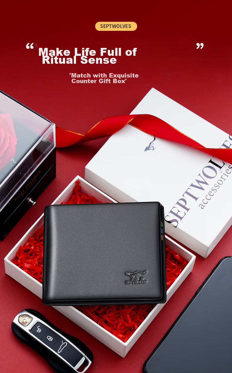 SEPTWOLVES Men's Top-Grain Leather Short Wallet, ID Holder, Card Holder, Birthday Gift Box for Husband, Boyfriend, Father 1