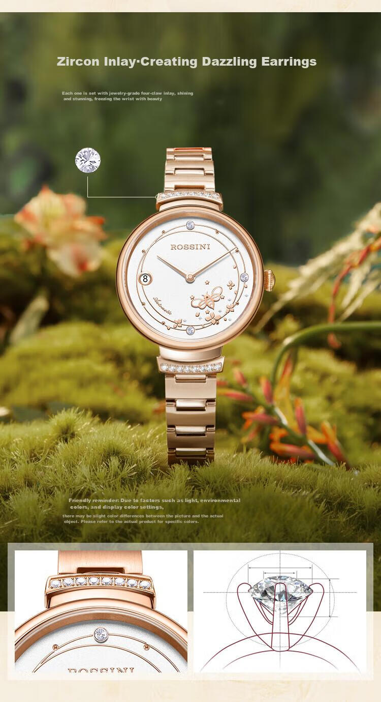 ROSSINI Women's Automatic Mechanical Watch with White Dial And Steel Strap, Birthday Gift for Girlfriend, Chinese Brand, Water-Resistant, Luminous 8