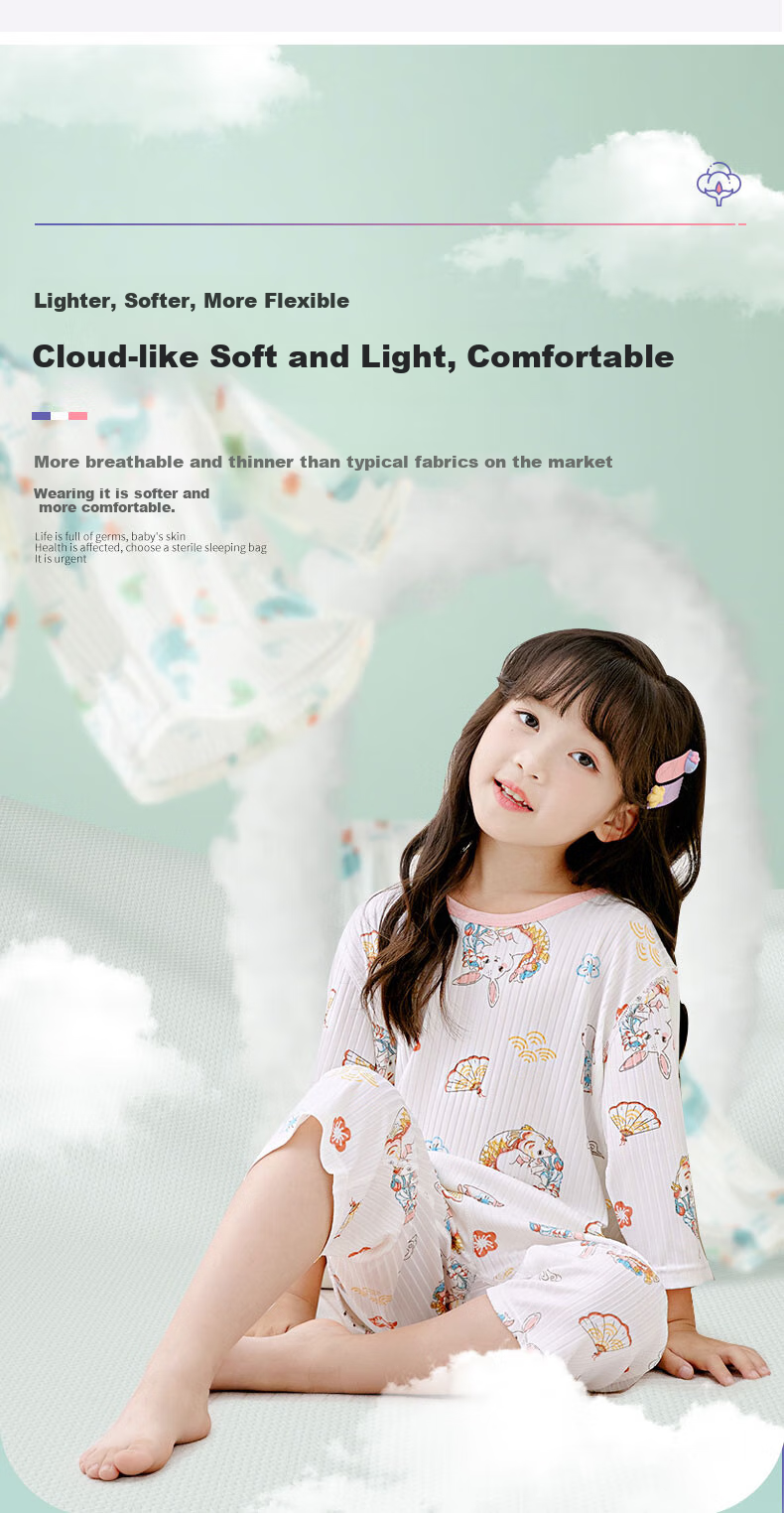 Langsha Kids Pajamas Boys Girls Summer Thin Baby Homewear Set Big Children 3/4 Sleeve Air Conditioning Clothes 120 3