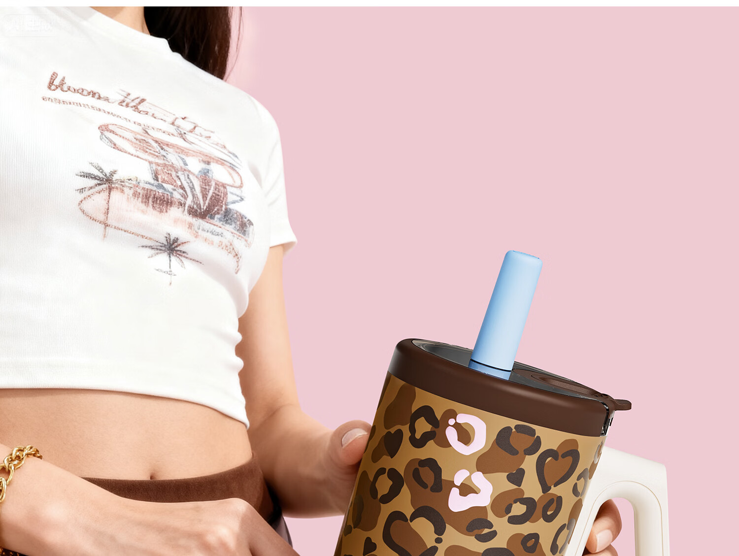 BLOOMMARK Car Leopard Print Straw Large Capacity 316 Food Grade JD Self-operated Insulated Water Bottle for Men and Women - Candy Pleats 15