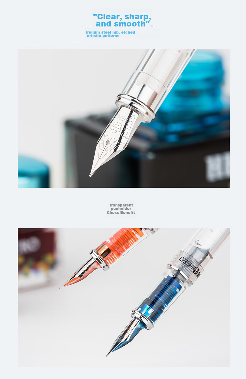 HERO Fountain Pen, 709 Ice Transparent Model, Iridium Nib Fountain Pen, Student Ink Pen, Calligraphy Practice Pen, Translucent Black 8