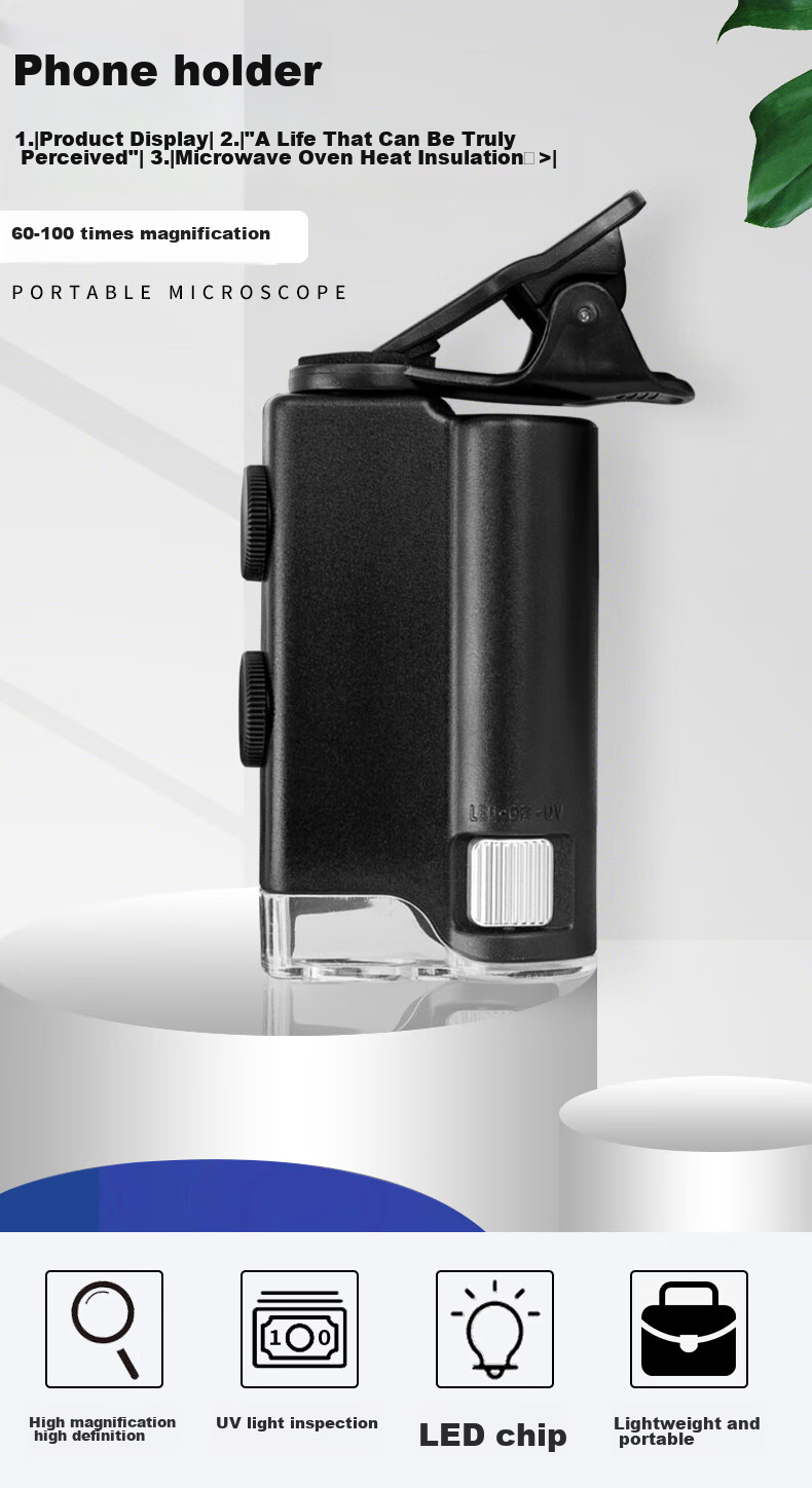 MIXOUT, 60x And 100x High Magnification Magnifying Glass, HD Inspection with LED Light And UV Phone Clip Microscope 1