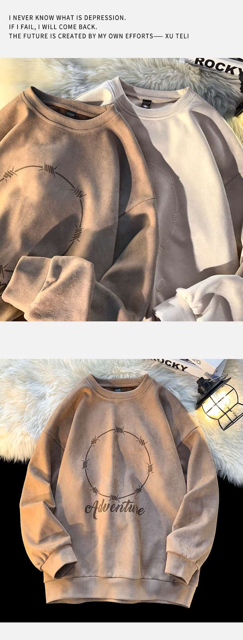 Foss Phil Men's Suede Sweatshirt, Spring And Autumn American Retro Round Neck Top, Loose Casual Base Layer Y307 Beige 2XL 5