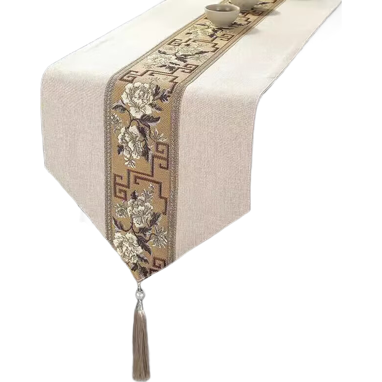 AVIVI Table Runner, Chinese-Style Tablecloth, Coffee Table Cover, Long Tea Mat, Tea Table Fabric, Dining Table Mat, 33*180, National Color Radiance, Beige