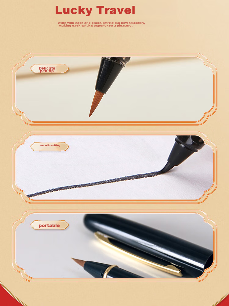 Yihaitangwenhua Calligraphy Brush Pen with Refillable Ink, Fountain Pen-Style Wolf Hair Portable Small Regular Script Calligraphy Brush for Sutra Copying, Extra Fine Art Brush for Gifting, Fountain Pen And Brush Gift Box Set - Coffee Color 4