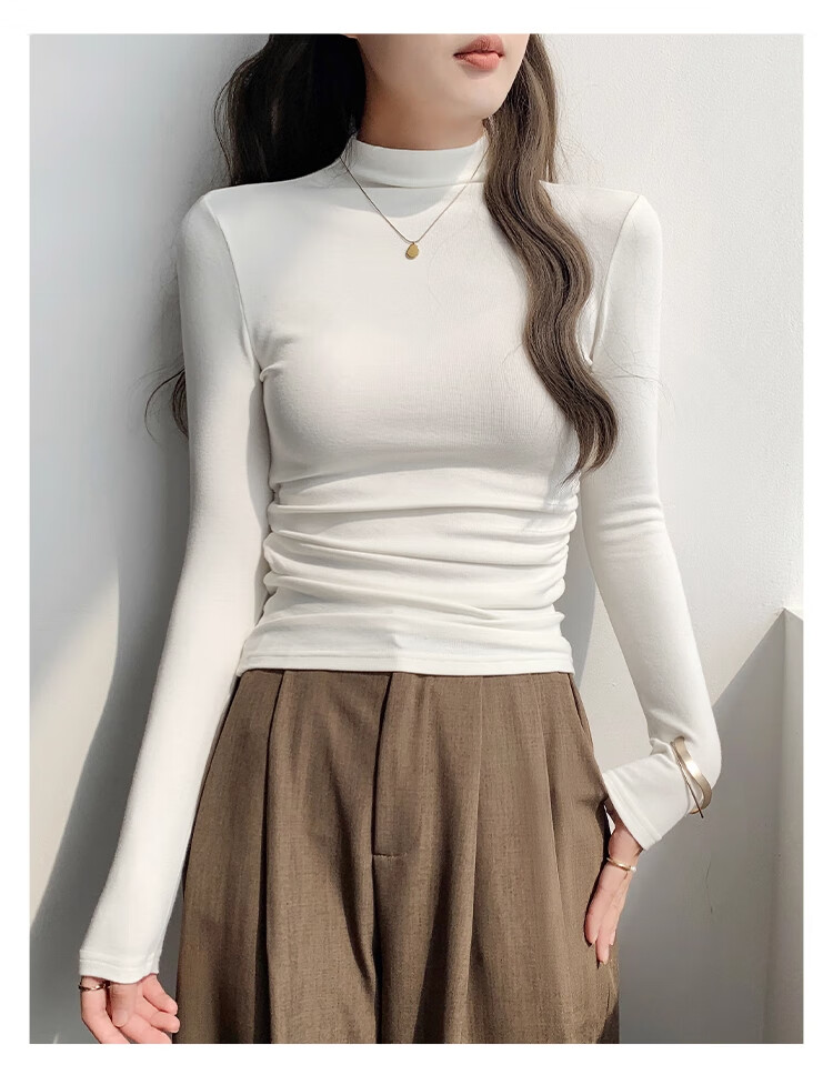 NOME Early Autumn Half Turtleneck Slim Fit Long Sleeve Basic T-Shirt Women 2025 New Solid Color Top White L 2