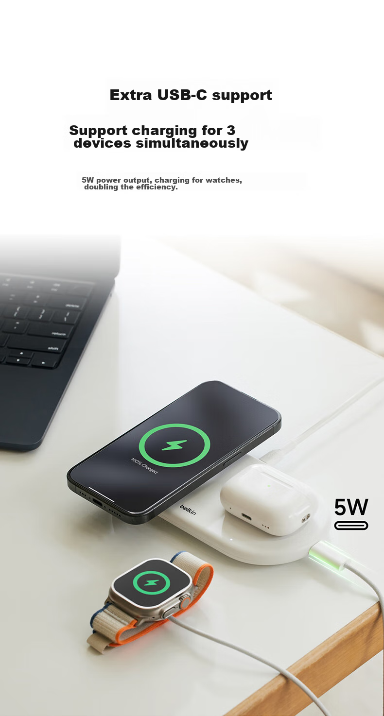 BELKIN Apple Wireless Charger, Qi2 Certified Magnetic Fast Charging, IPhone 15W Quick Charge, Compatible with MagSafe Rapid Charging, Panel-Style Two-In WIZ028 White 7