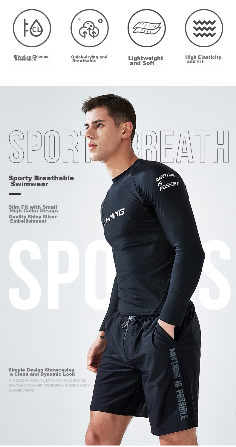 Li-Ning Men's Long Sleeve Swimsuit, Anti-Embarrassment, Hot Spring Surfing Suit LSLR223, Long Sleeve Black, XL 2