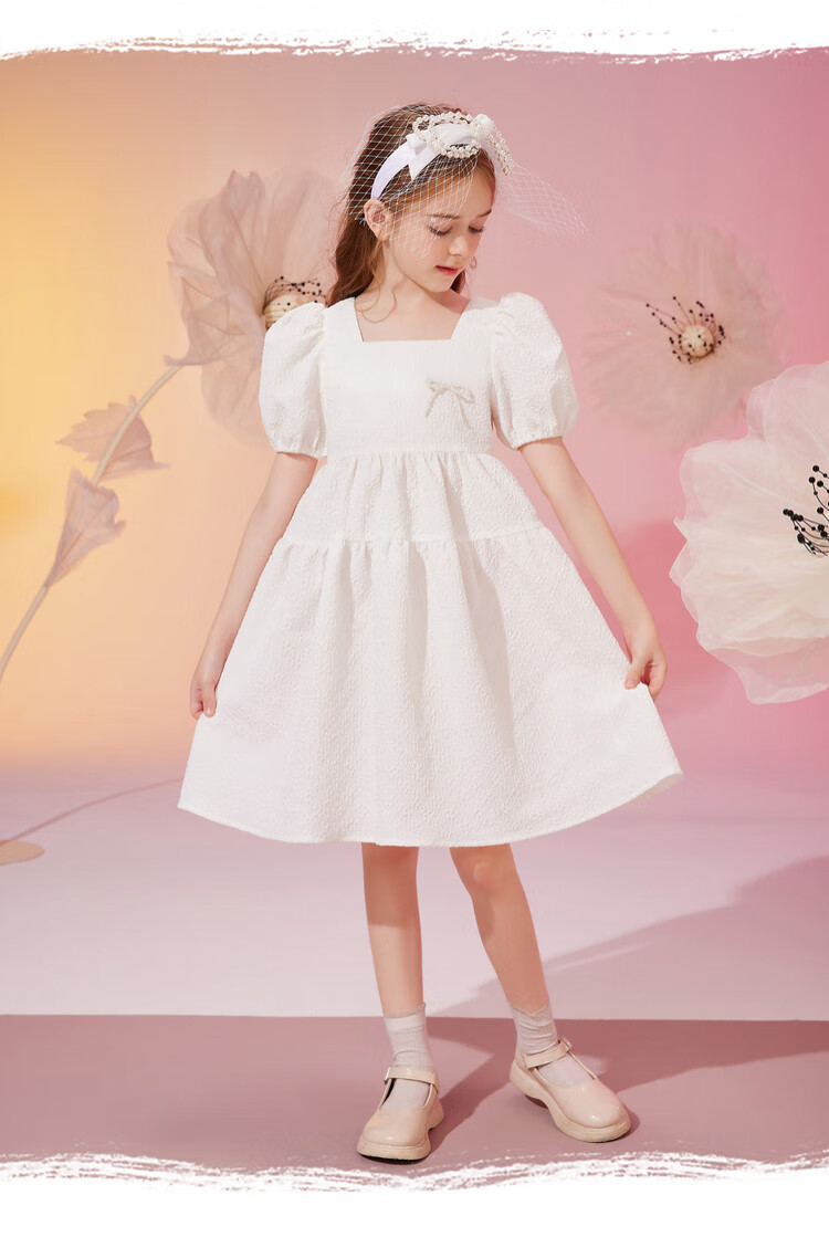 ASK JUNIOR Girls' Summer Dress with Puff Sleeves, Princess Style, Beach Vacation-Inspired White Dress 10