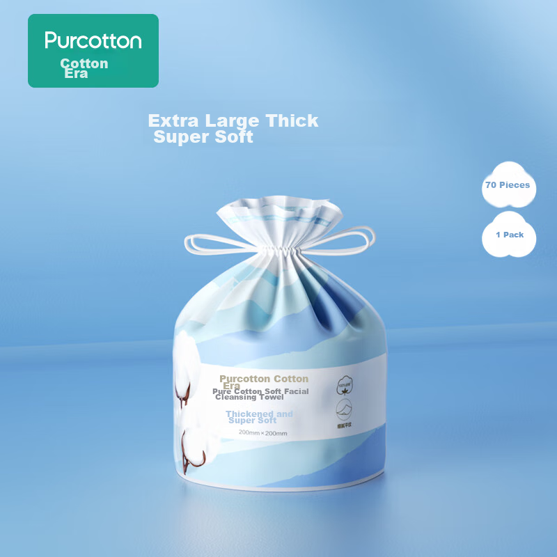 PurCotton Facial Cleansing Wipes, 70 Sheets Per Roll, 1 Roll, Thickened, 100% Pure Cotton Soft Tissue, Disposable Face Towels, 20*20CM