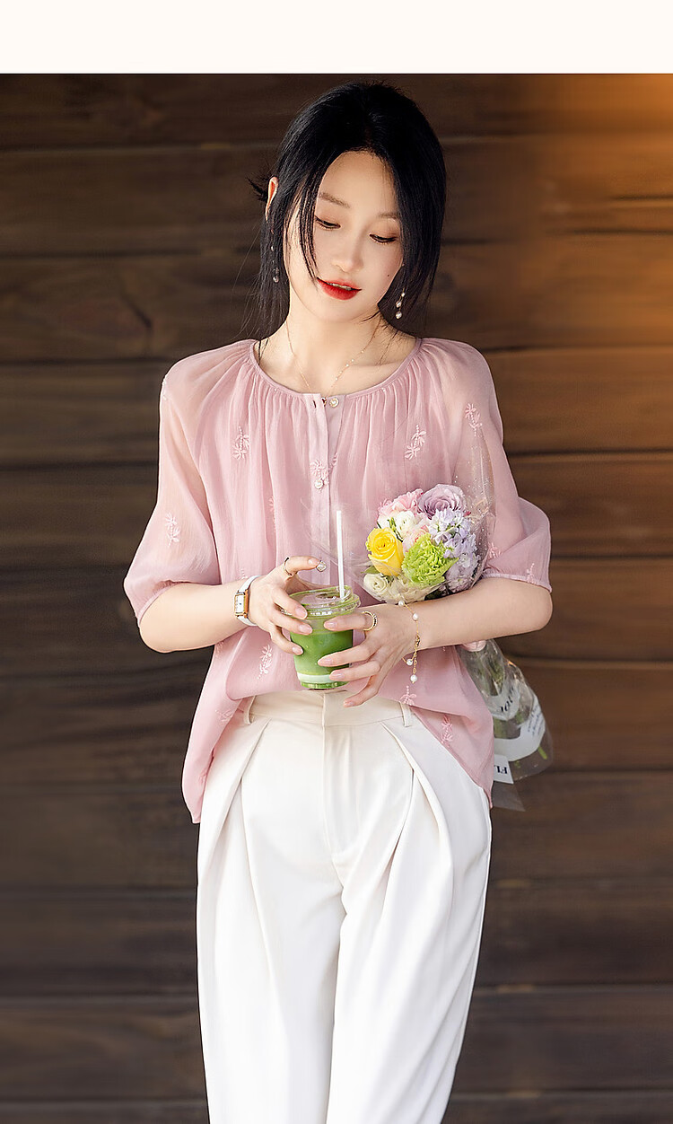 Dme Ice Cream Buttercream Shirt, Summer French Embroidered Blouse, Round Neck Comfortable Concealing Versatile Shirt for Women Top 12