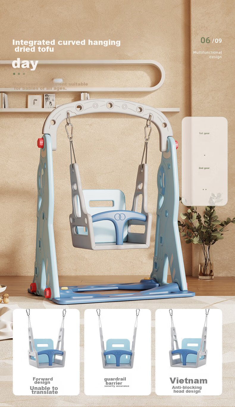 HOBBY TREE Children's Slide, Swing, Basketball Hoop Set, Indoor Playground Equipment, Multifunctional Baby Toys, Sky Blue 13