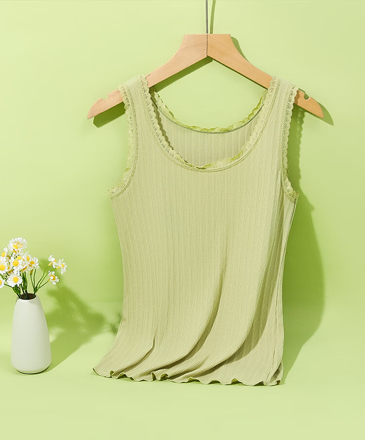 Hodo Women's Summer Vest, Soft Cotton Lace Camisole, Jacquard Vertical Stripes, Breathable Slimming Inner Layer, Avocado Green, Size 175 12