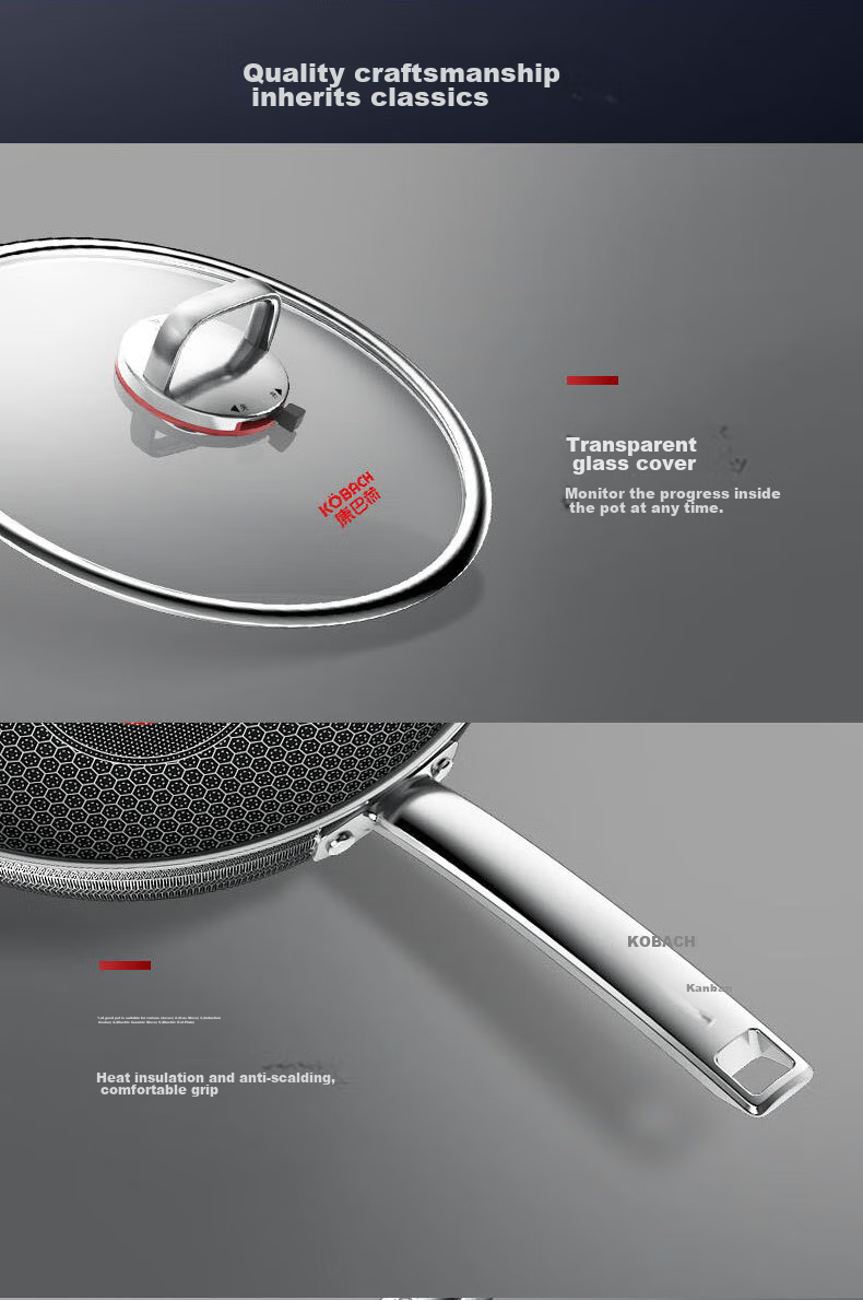 KBH Non-Stick Wok, Antibacterial Stainless Steel Frying Pan, Double Honeycomb Flat Bottom Pan with Red Dot, 32cm, Compatible with Induction Cooker And Gas Stove 17