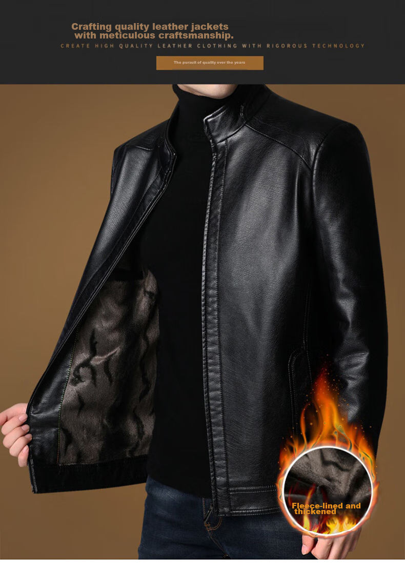 Hengyuanxiang Men's Leather Jacket for Autumn And Winter, Middle-Aged Men's Fleece-Lined Thick Stand-Collar Coat, Warm Leather Jacket for Middle-Aged And Elderly Men's Outerwear 1