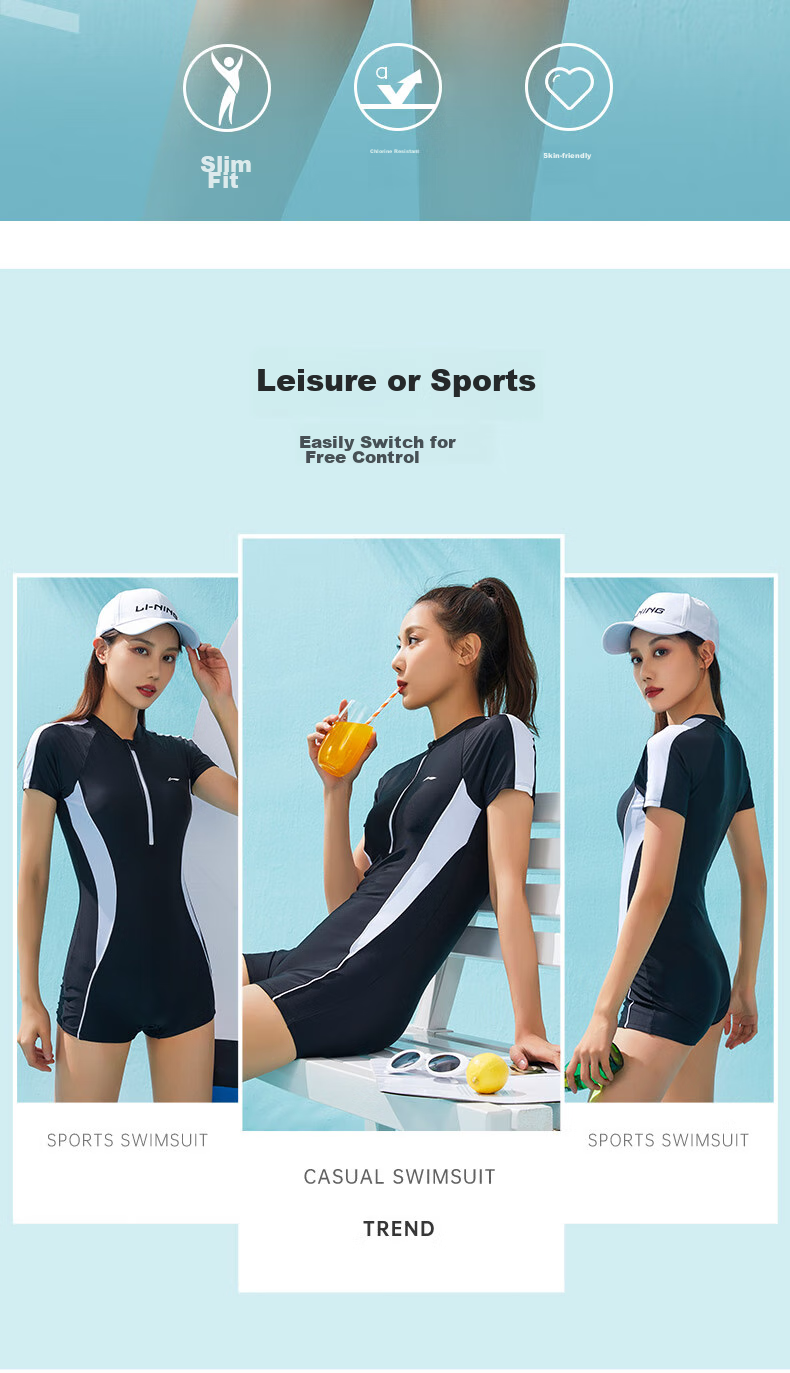 Li-Ning One-Piece Swimsuit for Women, Square-Leg Swimming Costume, Professional Athletic Conservative Plus Size Hot Spring Swimwear, 7491 Black M 3
