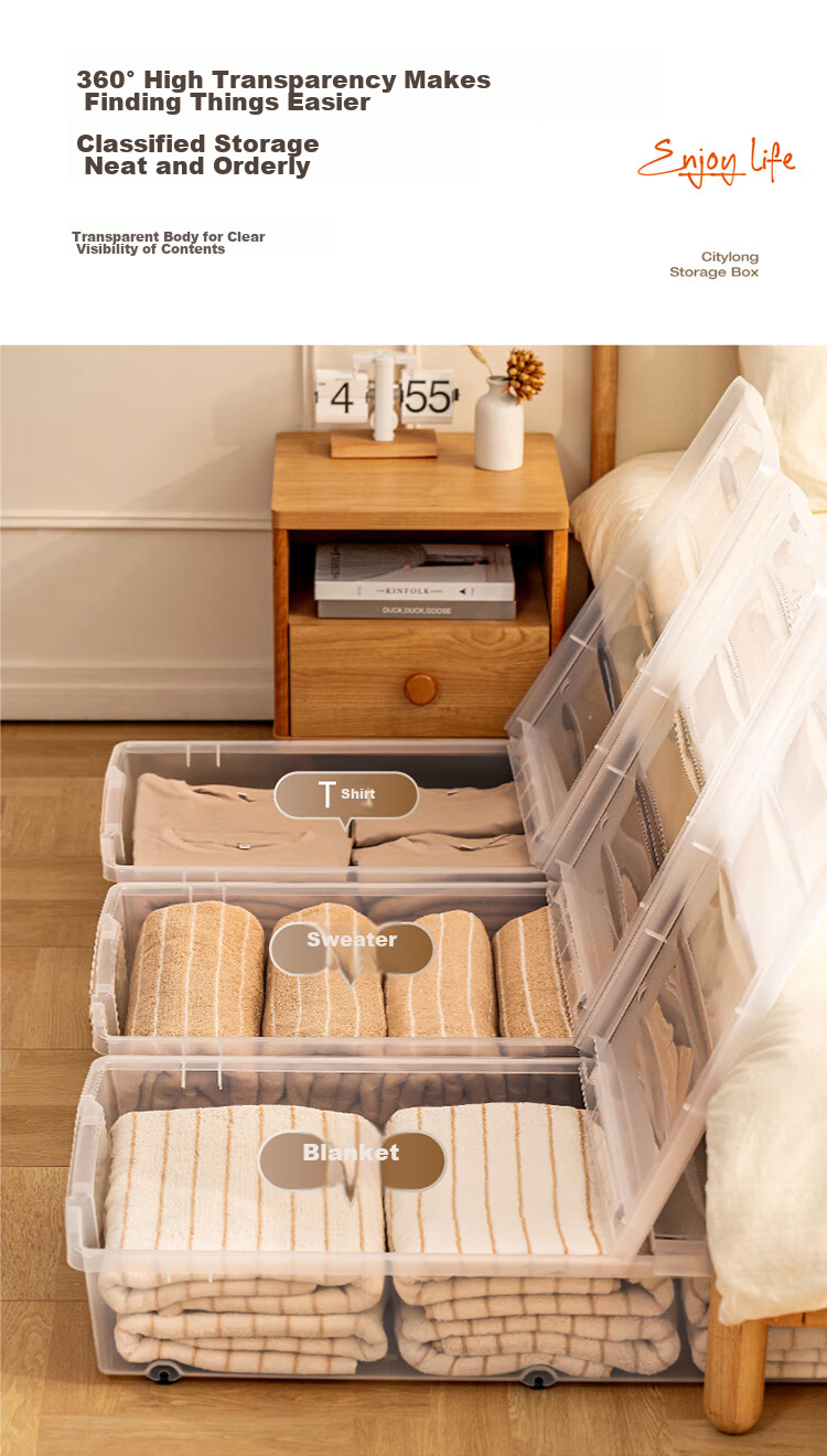Xitianlong Under-Bed Storage Box, Toy Organizer, Quilt Storage Box, Flat Double-Opening Lid with Wheels, Transparent, 54 Liters, 2-Pack 7