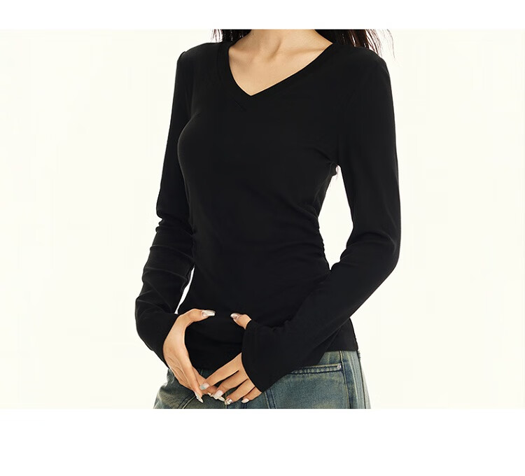 La Chapelle Black V-Neck Long Sleeve Slim Fit T-Shirt for Women 2025 Autumn Winter New Black XL 10