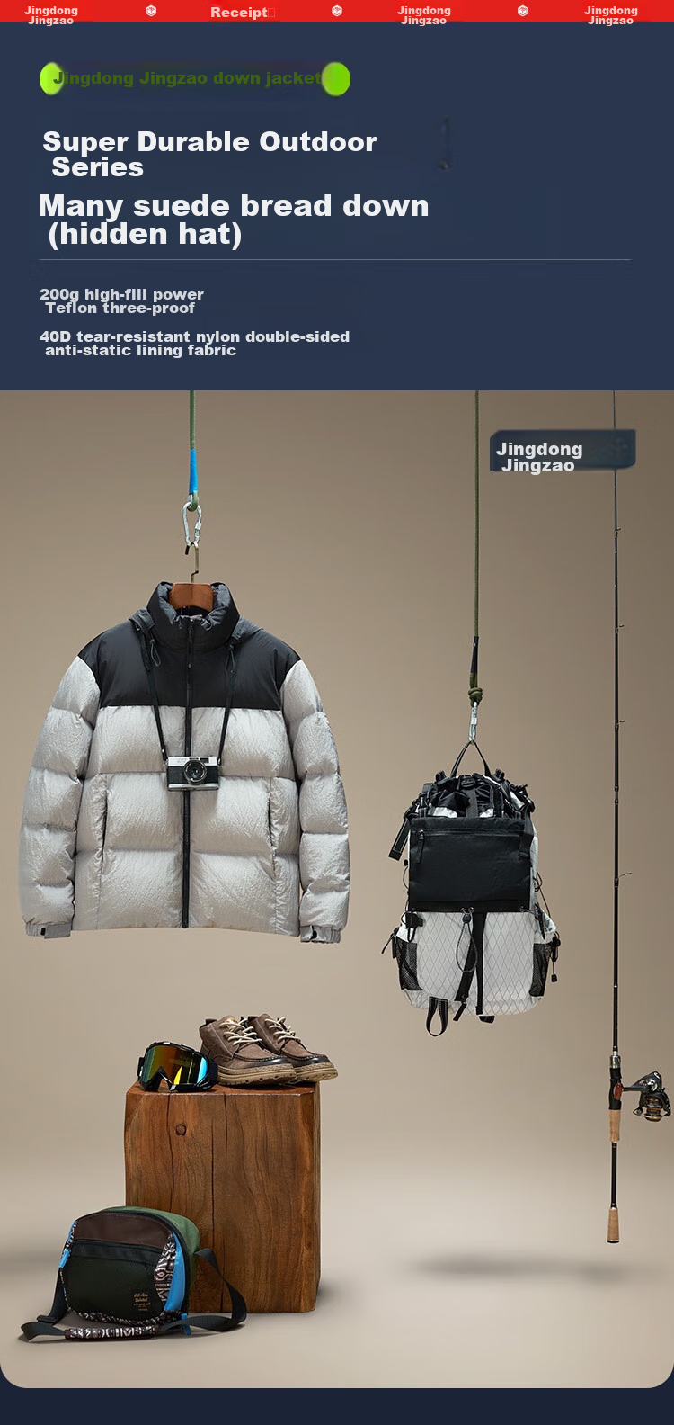 JD Original Winter Sports Outdoor down Jacket for Men, Stand-Up Collar, Triple Protection, Puffer Short Style down Coat, Sand Gold Color, XXL 1