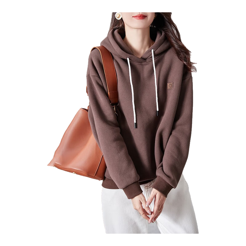 Dme Hooded Sweatshirt for Women, Loose-Fitting Spring Thin Style, Petite Pullover High-End Women's Clothing, Coffee Color, XL