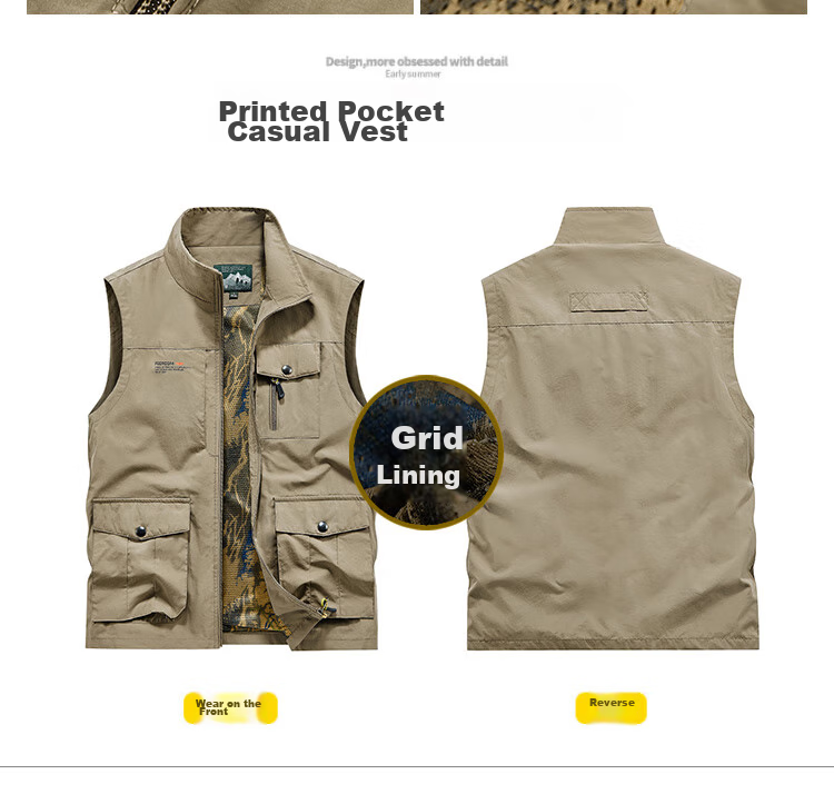 VANCAMEL Men's Vest, Outdoor Casual Multi-Pocket Sleeveless Waistcoat, Quick-Dry Loose Workwear Jacket, Khaki, XL 4