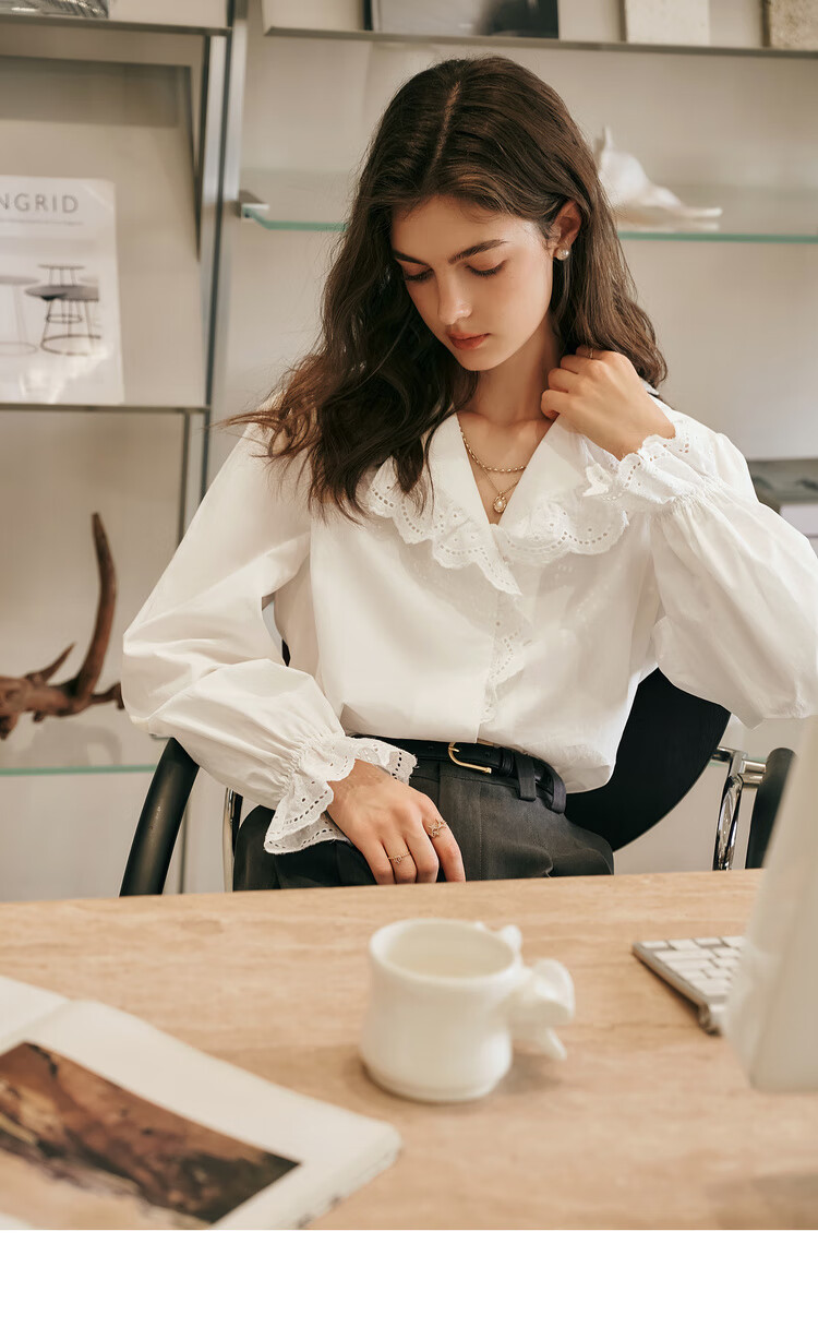 Olrain French Lace Shirt Women Autumn New Elegant Commuter Ruffled Collar Blouse Off-White S 9