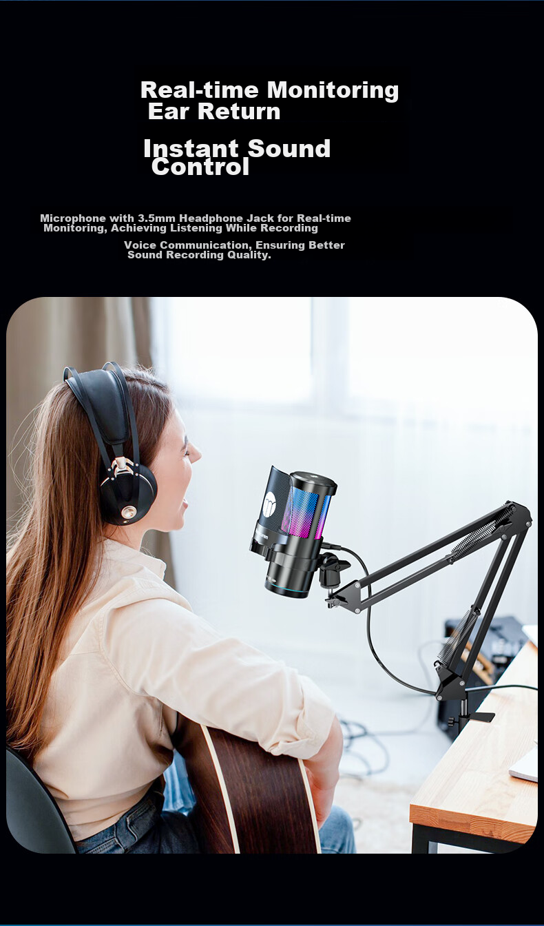 Haomuren Computer Microphone, Gaming And E-Sports Dedicated, Noise-Cancelling Condenser, Karaoke Recording, Professional Sound Card, Live Streaming Host Equipment, Microphone for Desktop, Suspended Arm Stand, Desktop And Mobile USB Wired 17