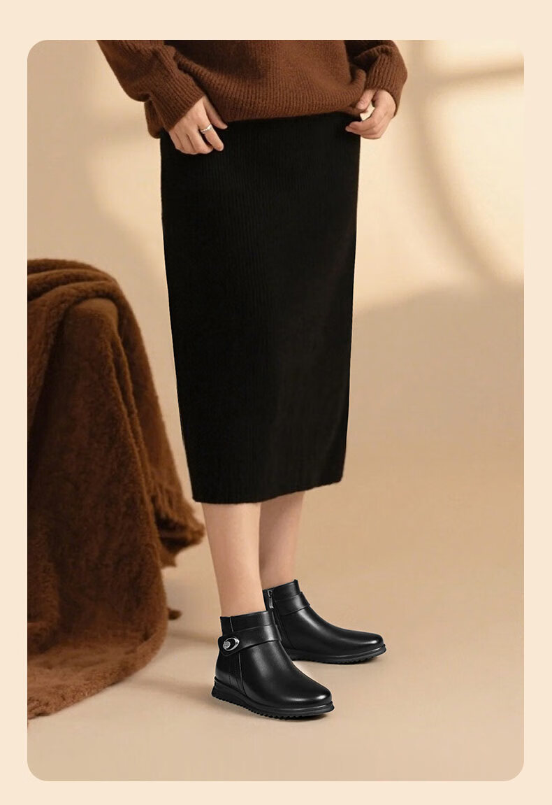 Kangnai Women's Winter Thick Plush Warm Cotton Boots Non-slip Middle-aged and Elderly Mom Leather Short Boots New Black 38 2