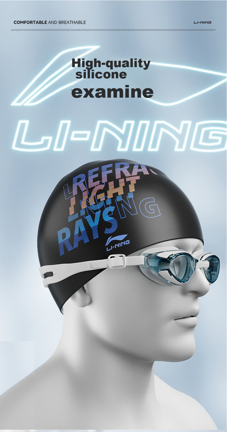 Li-Ning Swimming Cap, Long Hair Silicone Waterproof Swim Cap, Fashionable Printed Swim Cap for Men And Women, 5092 Black 2
