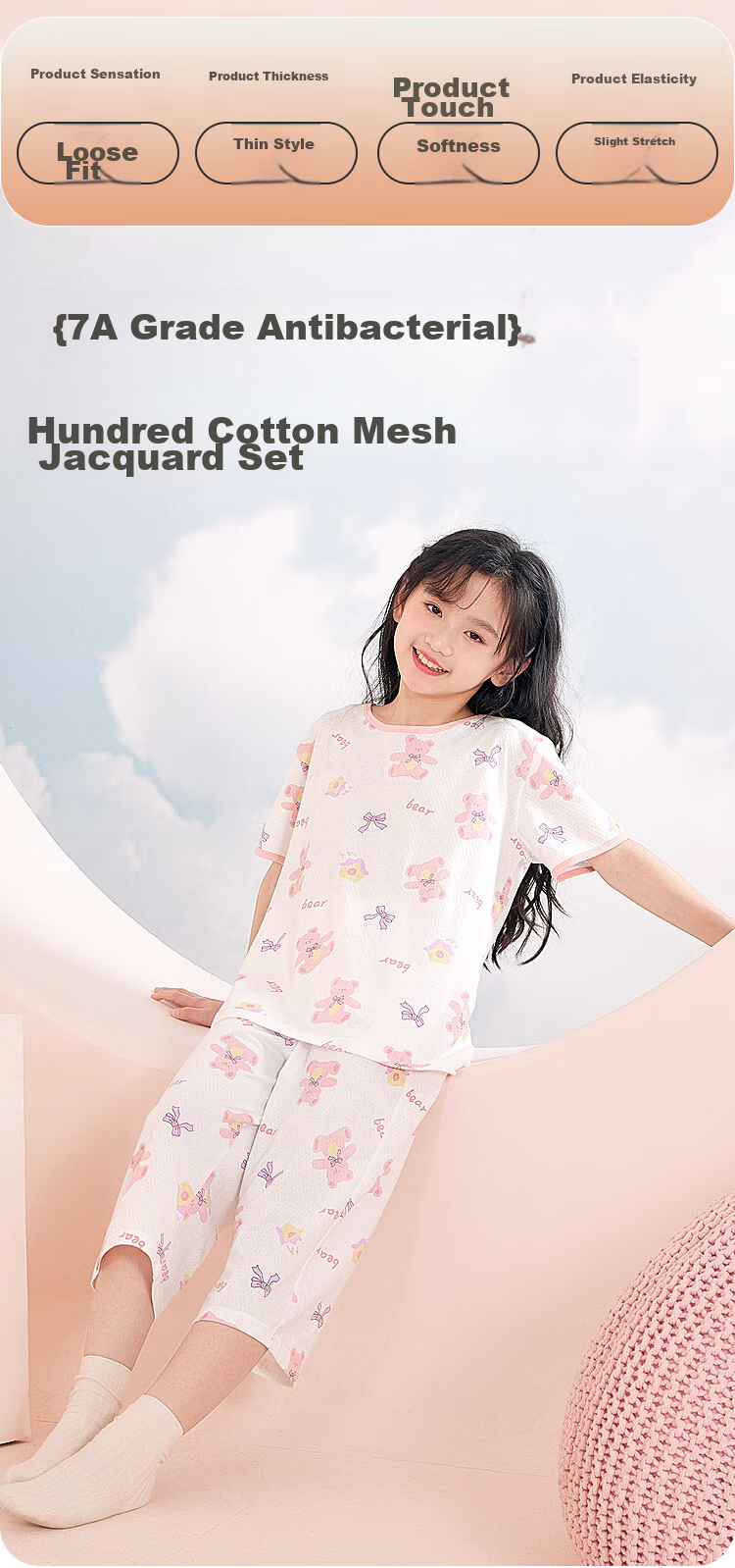 Hodohome Children's Pajamas for Girls, Summer Thin A-Class 40S Pure Cotton Home Wear Short-Sleeve Mesh Breathable Air Conditioning Suit 310 Two 160 1