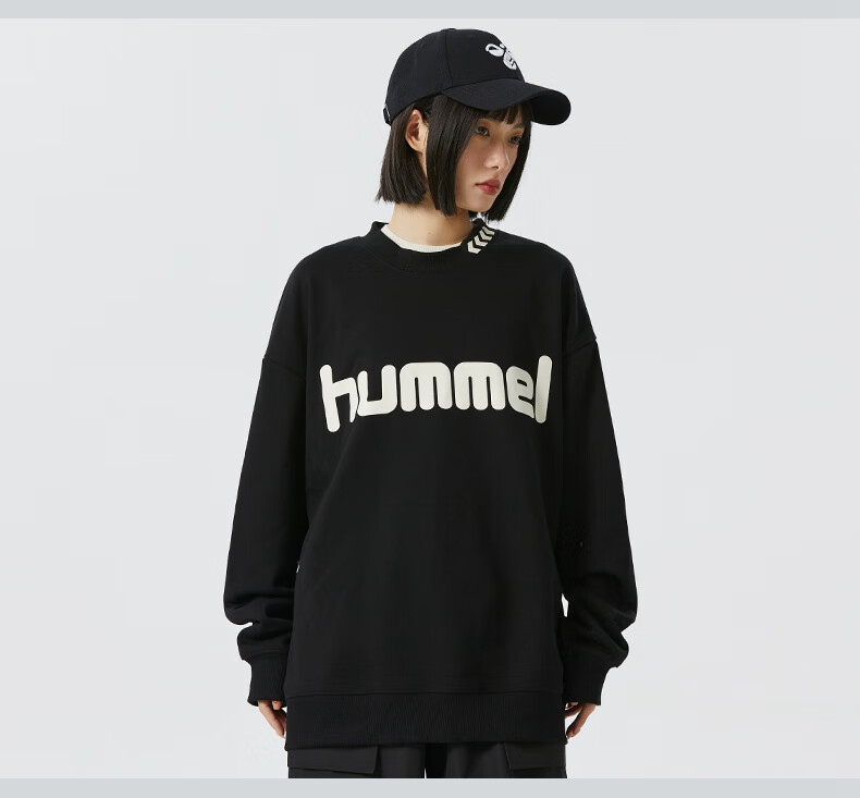 Hummel Spring And Autumn Heavyweight Sweatshirt for Men And Women, Couple Outfit with Embroidery, Loose-Fitting Round Neck Top for Spring, Base Layer, Black, S 11