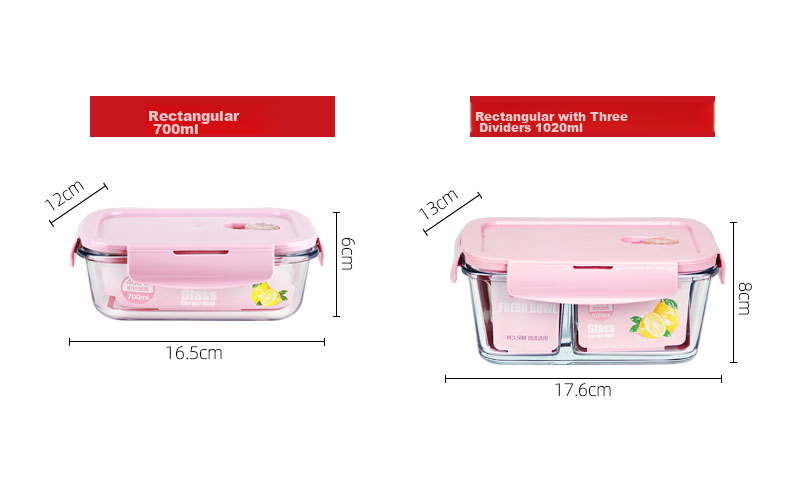 Chuangde Heat-Resistant Glass Food Storage Container, Microwave-Safe Lunch Box for Office Workers, Pink Three-Compartment 1020+700ml+bag 13