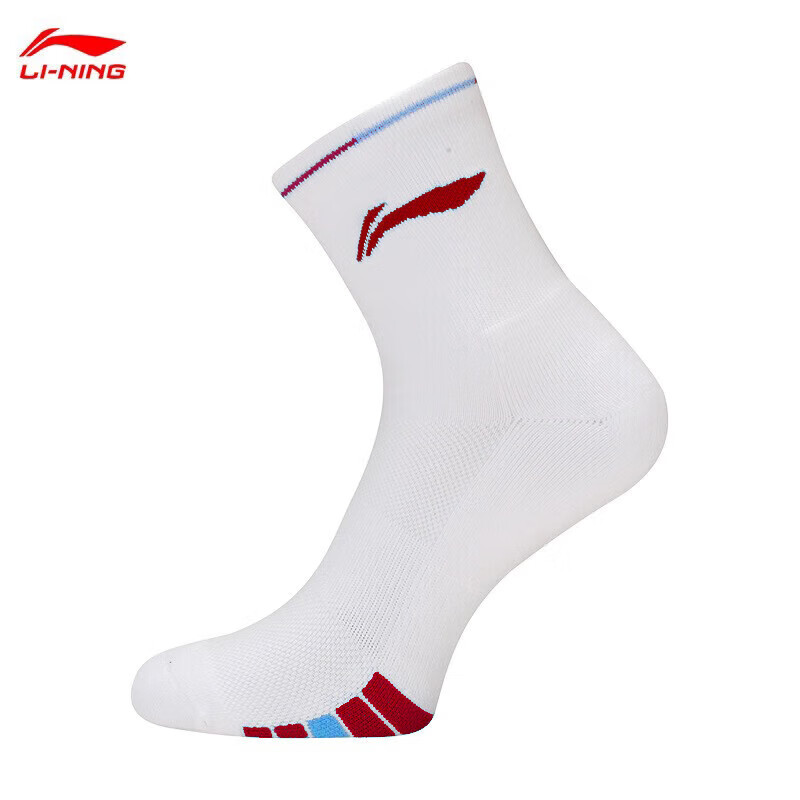 Li-Ning Badminton Socks, Mid-Calf Men's Terry Socks, Moisture-Wicking Sports Socks, AWSU083-3 White And Red, Size 25-28CM, One Pair